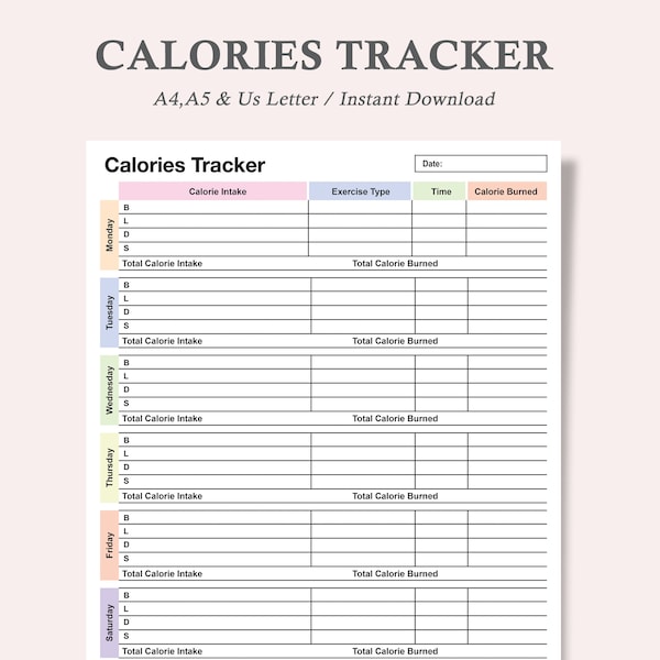 Calorie Tracker,Calories Tracker,Health Tracker,Calorie Spreadsheet,Nutrition Tracker,Calorie Chart,Calorie Log,A4,A5,Us Letter