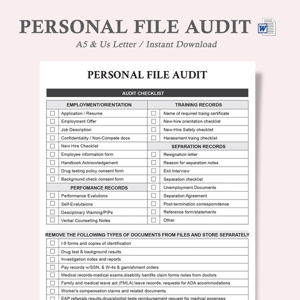 Checklist Employee File Audit,HR Template,Editable MS Word Document,Human Resources,Policy Form,Employment Templates,HR Audit Checklist