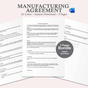 May include: A three-page document titled "Manufacturing Agreement" in a white Word document format. The document is a legal agreement between a buyer and a supplier. The document is available for instant download.