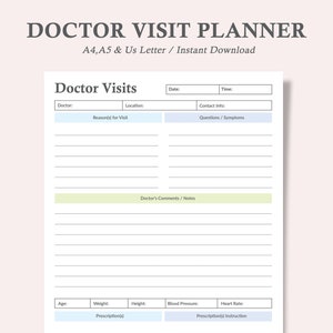 Doctor Visits Tracker,Doctor Tracker,Doctor Planner,Medical Appointment Record,Medical Tracker,Health Wellness Insert,A4,A5,Us Letter