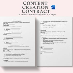May include: A black and white content creation contract template for US Letter size paper. The contract includes sections for scope of work, compensation, payment schedule, revisions, ownership and rights, confidentiality, termination, governing law, dispute resolution, amendments, and signatures.