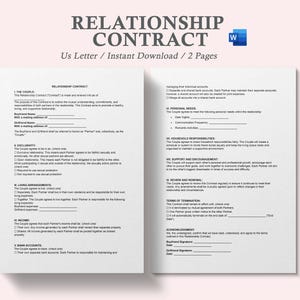 Op de afbeelding: Een zwart-wit document met de titel "Relatieovereenkomst" en de tekst "Amerikaans formaat / Direct downloaden / 2 pagina's". Het document beschrijft een relatieovereenkomst tussen twee partners, die onderwerpen behandelt zoals exclusiviteit, woonsituatie, inkomen, bankrekeningen, persoonlijke behoeften, huishoudelijke verantwoordelijkheden, steun en aanmoediging, herziening en verlenging, en beëindigingsvoorwaarden. Het document bevat secties voor de handtekeningen van beide partners.