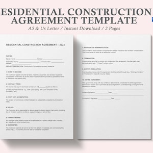 Può includere: Un modello di contratto di costruzione residenziale stampabile in bianco e nero. Il documento include sezioni per le parti, la descrizione del progetto, il lavoro da svolgere, il prezzo del contratto, la data di inizio e la data di completamento, i ritardi, gli ordini di modifica, le garanzie, l'assicurazione e l'indennizzo, la risoluzione, la risoluzione delle controversie e l'intero accordo. Il documento è etichettato come "A5 & Us Letter / Download immediato / 2 pagine".