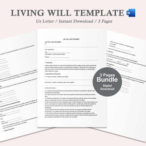 Könnte beinhalten: Ein digitaler Download einer Patientenverfügung-Vorlage auf drei Seiten im A4-Format. Die Dokumente sind so angeordnet, dass der Text angezeigt wird, mit dem Titel "LIVING WILL TEMPLATE" oben. Eine runde Grafik zeigt "3 Pages Bundle Digital Download."