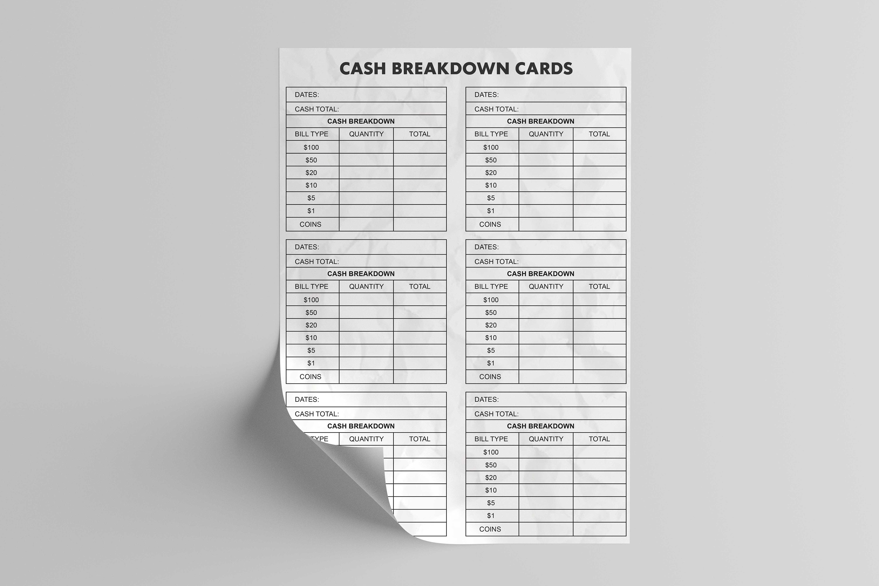 Cash Breakdown Card,cash Breakdown Count Sheet,cash Breakdown,cash