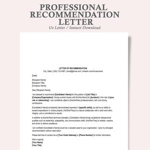 Carta de recomendación profesional, carta de recomendación, plantilla de carta de recomendación, plantilla de carta de referencia en Word.