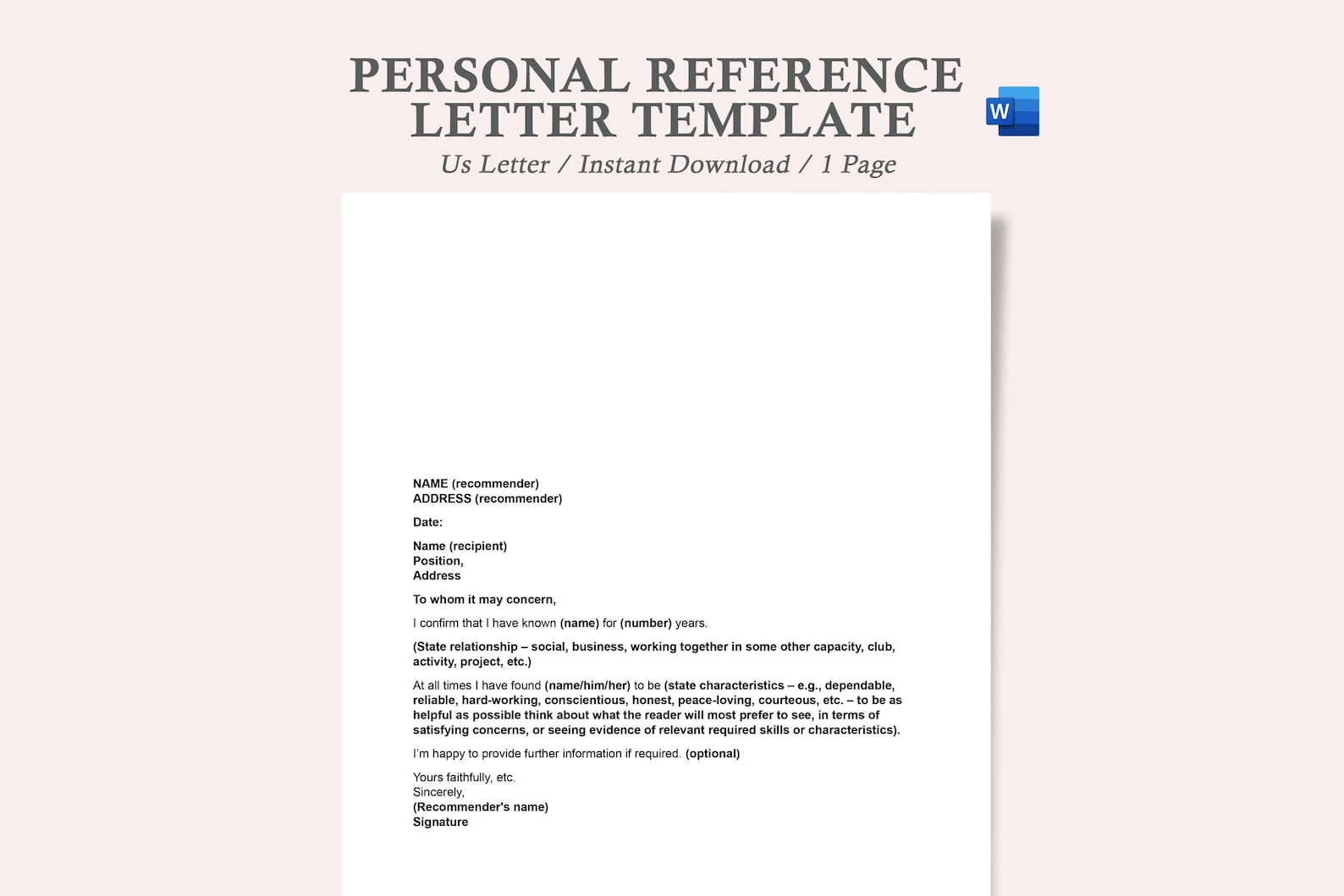 Personal Reference Letter Template,personal Reference Letter,format for ...