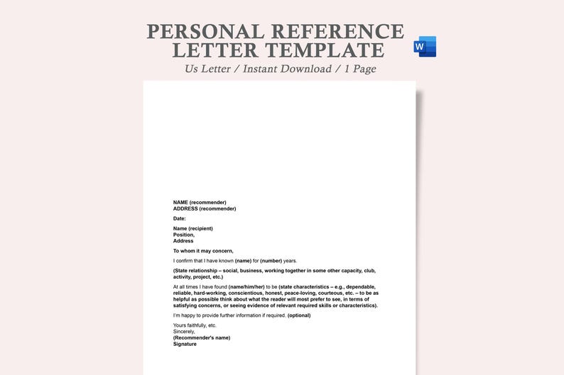 Personal Reference Letter Template,personal Reference Letter,format for ...
