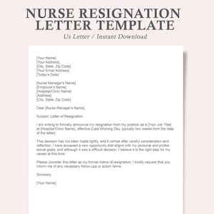 Peut inclure: Un modèle de lettre de démission d'infirmière au format US Letter. Le document comprend des espaces réservés pour les informations de l'infirmière et du responsable, ainsi que des sections pour l'annonce de la démission et les remarques finales. Le texte "NURSE RESIGNATION LETTER TEMPLATE" est en haut.