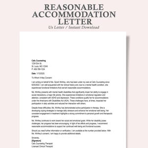 Puede incluir: Un documento blanco titulado "REASONABLE ACCOMMODATION LETTER" con el texto "Us Letter / Instant Download". El documento incluye una carta de Cafu Counseling, que detalla las necesidades de una cliente para adaptaciones.