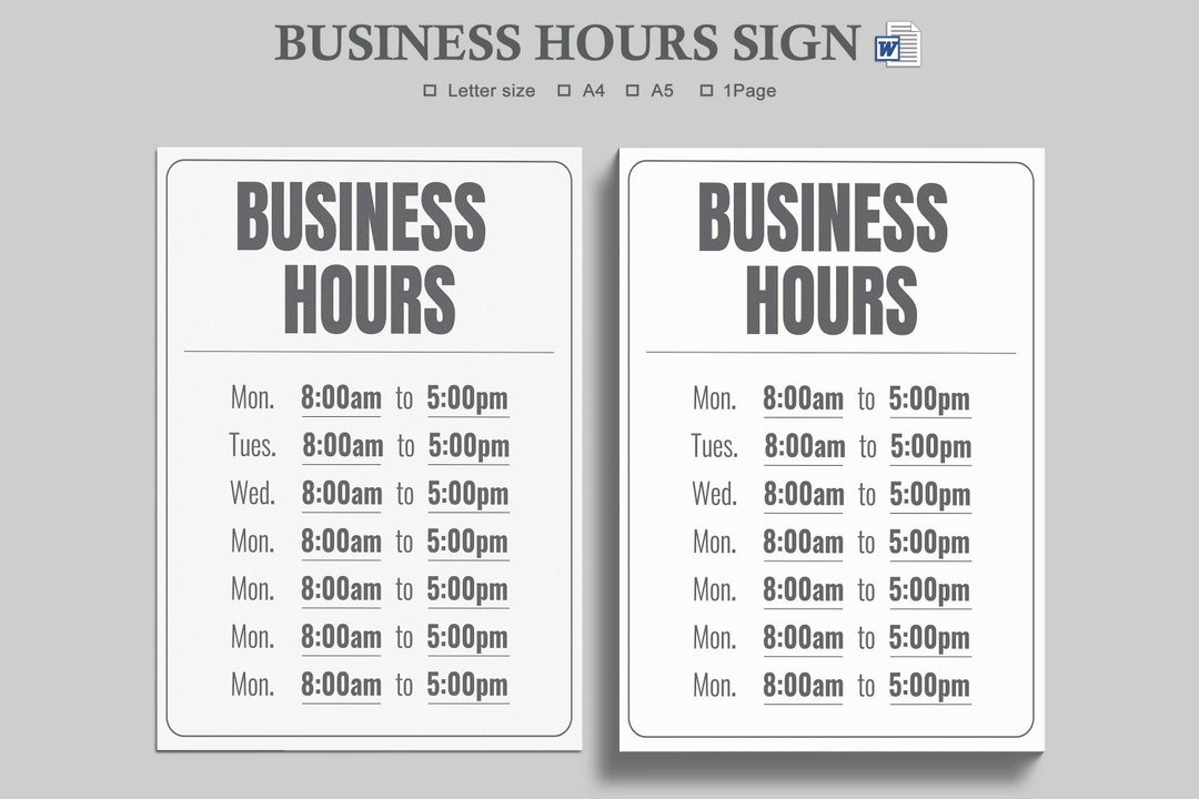 Business Hours Printable Sign,weekly Store Hours Sign,printable Hours ...