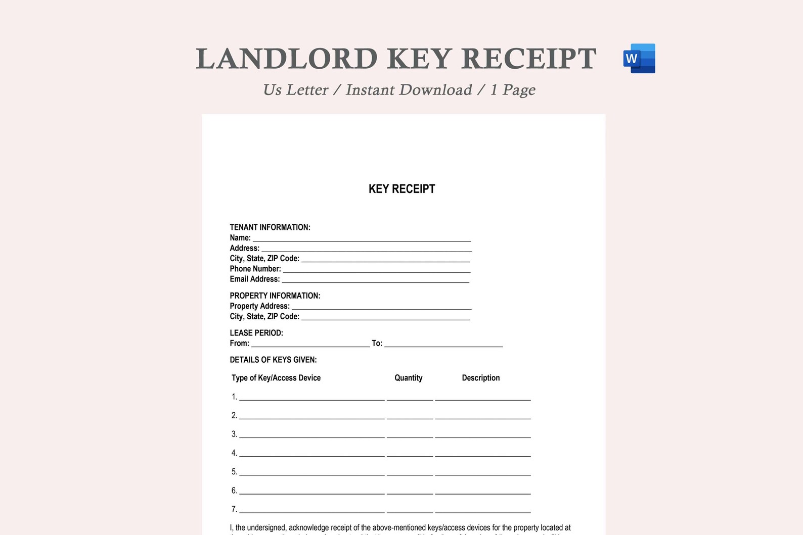 Key Receipt Example Key Receipt Form Template,key Received Form,key Receipt for Tenants,key ...