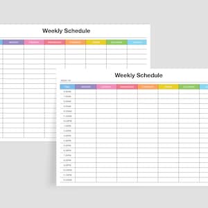 May include: Two blank weekly schedule templates with colorful headers for each day of the week. The time slots are in half-hour increments from 6:00 AM to 12:00 PM.