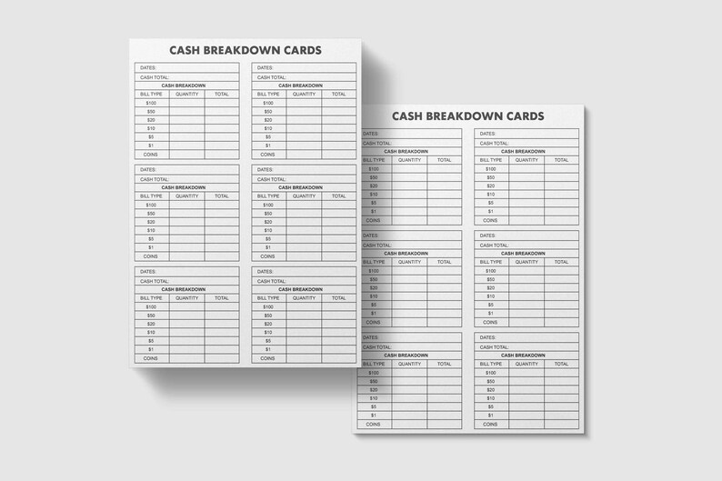 Cash Breakdown Card,cash Breakdown Count Sheet,cash Breakdown,cash Envelopes,cash Tracker,cash