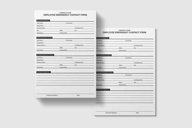 Pu&ograve; includere: Un modulo di contatto di emergenza per i dipendenti, stampabile in bianco e nero, con campi per le informazioni sui dipendenti, il contatto di emergenza principale, il contatto di emergenza secondario e informazioni aggiuntive. Il modulo include campi per cognome, nome, reparto, indirizzo, citt&agrave;, stato, codice postale, telefono cellulare e telefono fisso.