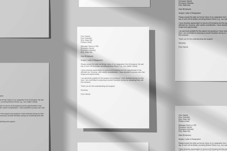 May include: A formal letter of resignation template with a white background and black text. The letter includes a subject line, salutation, and a body paragraph explaining the reason for resignation. The letter concludes with a closing and signature line.