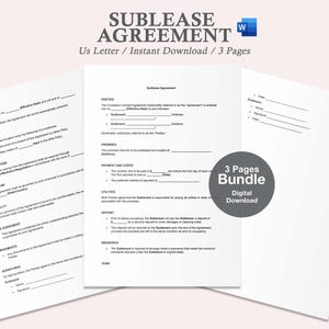 Könnte beinhalten: Ein digitaler Download eines Untermietvertrags im US-Letter-Format. Das Dokument wird auf drei weißen Seiten mit dem Titel "Sublease Agreement" oben angezeigt. Das Bundle beinhaltet einen digitalen Download.