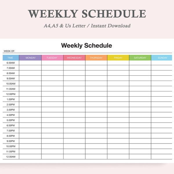 Weekly Schedule,Printable Weekly,Weekly Organizer,Weekly Timetable,Weekly Planner,Weekly Agenda,Weekly Template,A4,A5,Us Letter