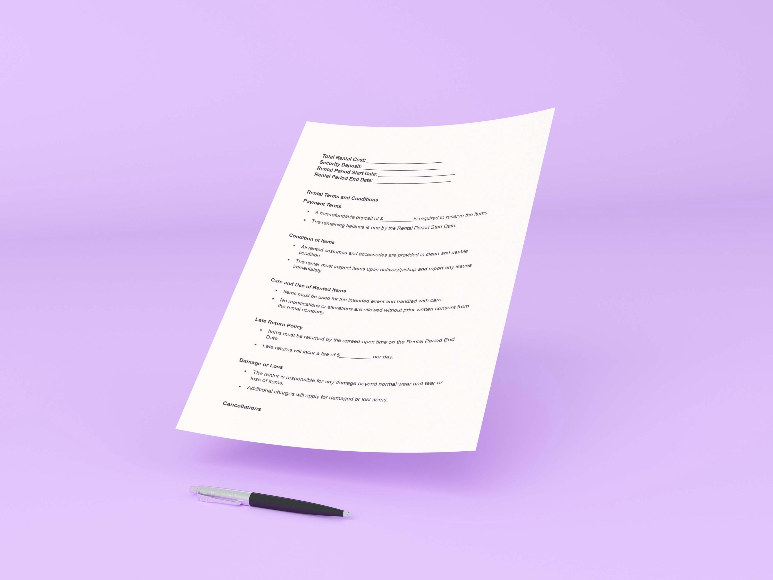 Costume Rental Agreement,costume Rental Agreement Template,costume ...