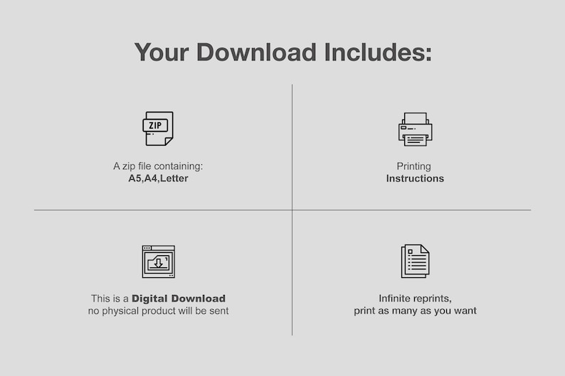 May include: A digital download includes a zip file containing printable files in A5, A4, and Letter sizes. Printing instructions are also included. This is a digital download, no physical product will be sent.