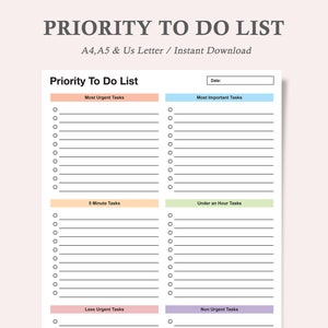 Priority To Do List,Priority Task List,Priority Matrix,Priority Checklist,Printable Priority Planner,To Do List Organizer,A4,A5,Us Letter