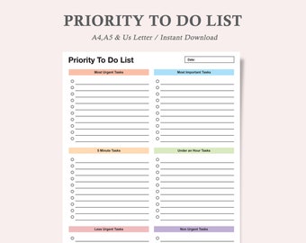 Priority To Do List,Priority Task List,Priority Matrix,Priority Checklist,Printable Priority Planner,To Do List Organizer,A4,A5,Us Letter