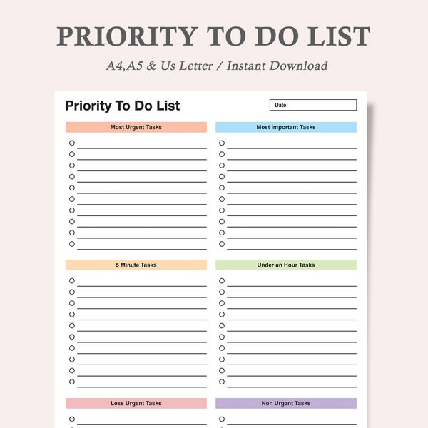 Priority To Do List,Priority Task List,Priority Matrix,Priority Checklist,Printable Priority Planner,To Do List Organizer,A4,A5,Us Letter