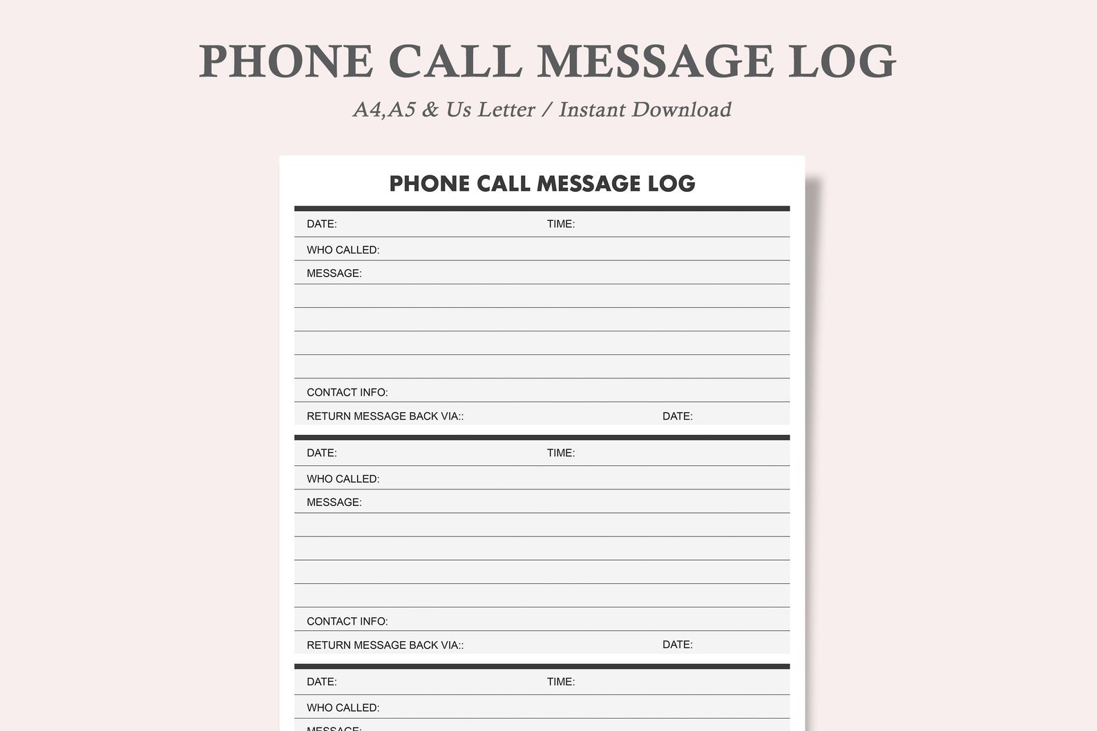 Phone Call Message Log,voicemail Tracker,phone Message Log,printable