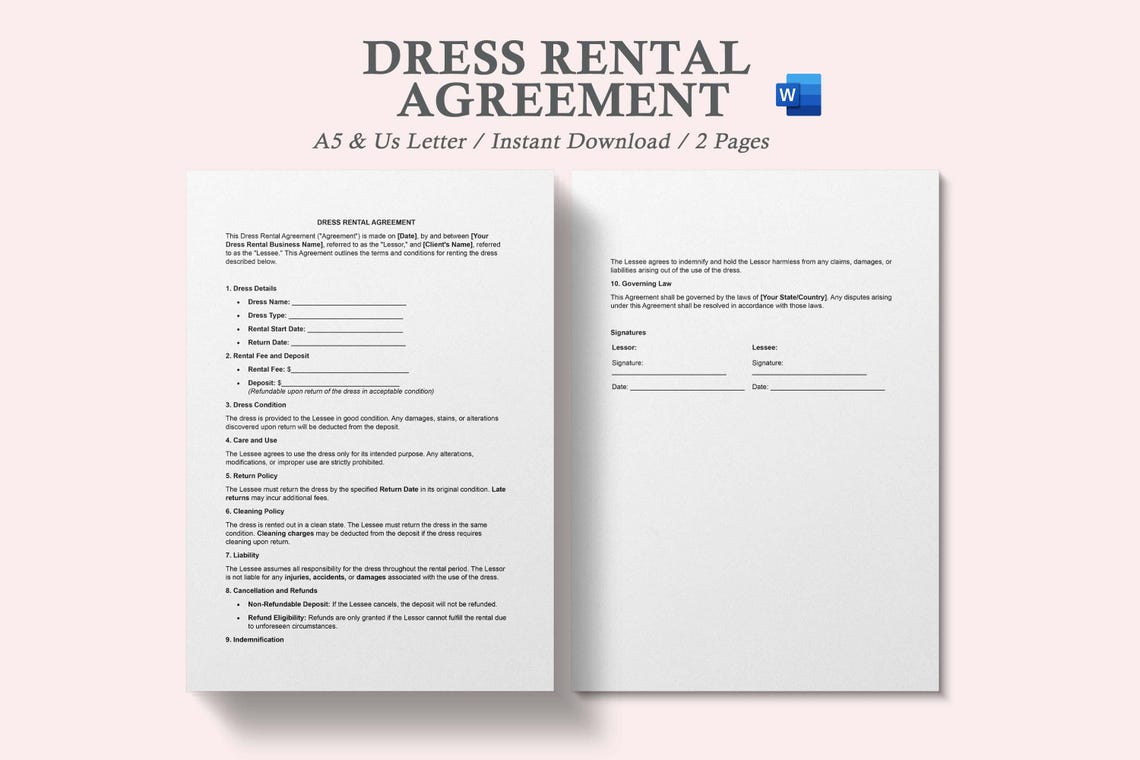 Dress Rental Agreement Template,dress Rental Agreement,printable Gown ...