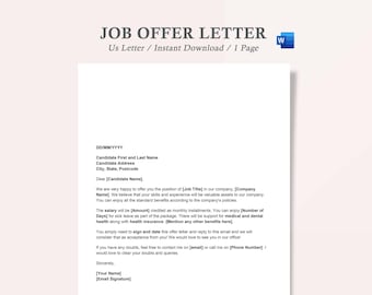 Puede incluir: Una plantilla de carta de oferta de trabajo en blanco y negro con el título "Job Offer Letter" y el texto "Us Letter / Instant Download / 1 Page". La plantilla incluye campos para la fecha, el nombre del candidato, la dirección, el título del puesto, el nombre de la empresa, el salario, los beneficios y la información de contacto.