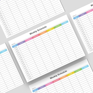 May include: Four blank weekly schedule templates with colorful headers for each day of the week. The headers are in pastel pink, light blue, yellow, green, and light blue. The time slots are from 6:00 AM to 12:00 AM.