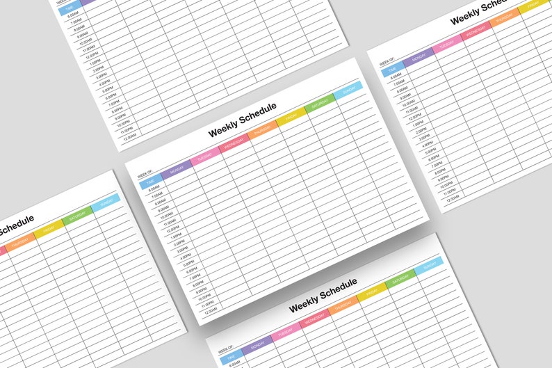 May include: Four blank weekly schedule templates with colorful headers for each day of the week. The headers are in pastel pink, light blue, yellow, green, and light blue. The time slots are from 6:00 AM to 12:00 AM.