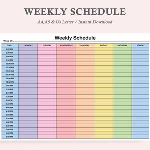 May include: A printable weekly schedule planner with a colorful design. The planner is divided into seven columns for each day of the week, with rows for each half hour from 8:00 AM to 8:00 PM.