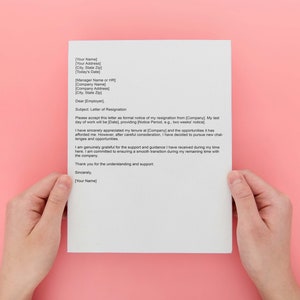May include: A formal letter of resignation written on white paper. The letter includes the subject line "Letter of Resignation" and the text "Please accept this letter as formal notice of my resignation from [Company]. My last day of work will be [Date] providing [Notice Period], e.g., two weeks' notice."