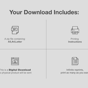 Pu&ograve; includere: Un download digitale include un file zip contenente file stampabili in formato A5, A4 e Letter. Sono incluse anche le istruzioni di stampa. Questo &egrave; un download digitale, non verr&agrave; spedito alcun prodotto fisico.