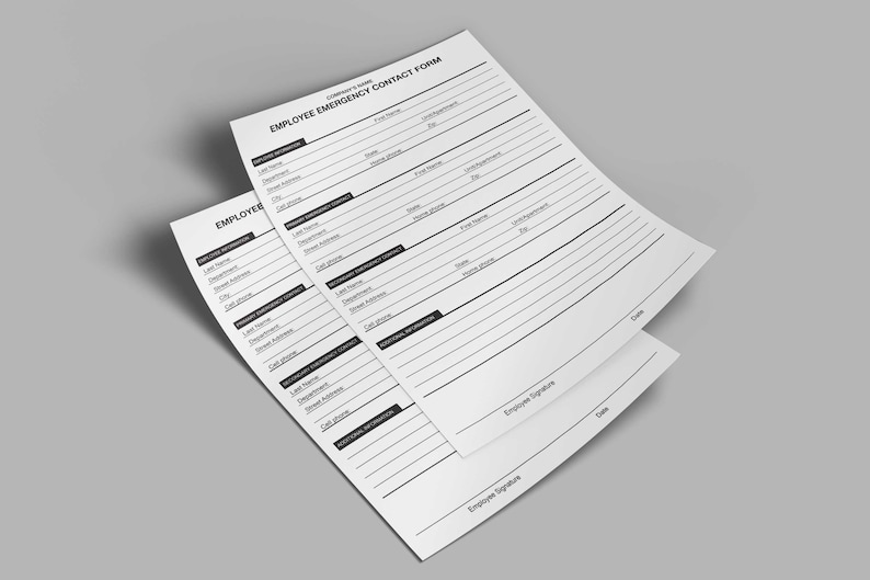 Pu&ograve; includere: Due moduli di contatto di emergenza per dipendenti vuoti con campi per nome, indirizzo, numero di telefono e informazioni di contatto di emergenza. I moduli hanno spazio per la firma del dipendente e la data.