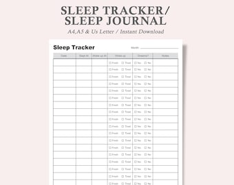May include: A black and white printable sleep tracker journal with columns for date, slept at, woke up at, woke up feeling, dreams, and notes. The journal has checkboxes for fresh or tired, yes or no for dreams.