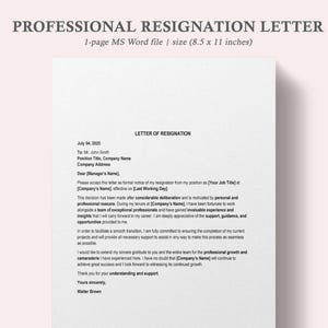 May include: A white document titled "PROFESSIONAL RESIGNATION LETTER" with the text "1-page MS Word file | size (8.5 x 11 inches)". The document is a formal letter of resignation, with a date, recipient details, and a message.