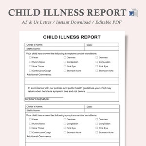 Child Illness Report,Child Sick Report,Preschool Symptom Form,Daycare Form, Daycare Accident,Illness Report,Daycare Illness,A5,Us Letter