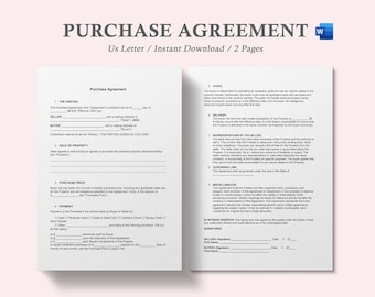 May include: A black and white printable purchase agreement form for buying or selling property. The form includes sections for the parties involved, the sale of property, purchase price, payment, taxes, delivery, representations by the seller, miscellaneous, and signatures.
