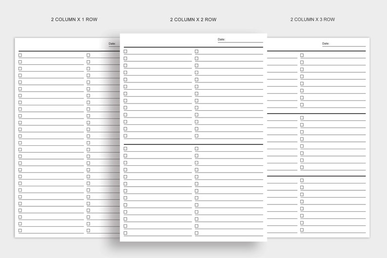 May include: Three blank checklist pages with a black border and lines. The top of each page has the text "2 Column x 1 Row", "2 Column x 2 Row", and "2 Column x 3 Row". Each page has a space for a date.