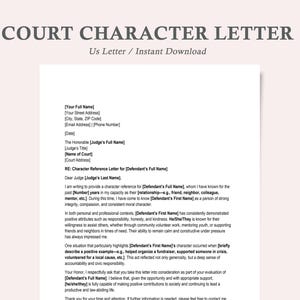 Puede incluir: Una plantilla imprimible de carta de carácter judicial en papel blanco. El documento incluye campos para la información del remitente y del demandado, y un espacio para una referencia de carácter. El texto "COURT CHARACTER LETTER" está en la parte superior.