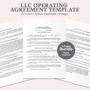 Puede incluir: Una descarga digital de una plantilla de contrato de operación de LLC de 6 páginas. La plantilla está en formato US Letter e incluye 3 páginas del contrato. El texto en la imagen dice "3 Pages Bundle Digital Download".