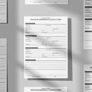 Pu&ograve; includere: Un modulo di contatto di emergenza per i dipendenti, stampabile in bianco e nero, con campi per le informazioni del dipendente, il contatto di emergenza principale e informazioni aggiuntive. Il modulo include campi per cognome, nome, reparto, indirizzo, citt&agrave;, stato, codice postale, telefono cellulare, telefono fisso e unit&agrave;/appartamento.