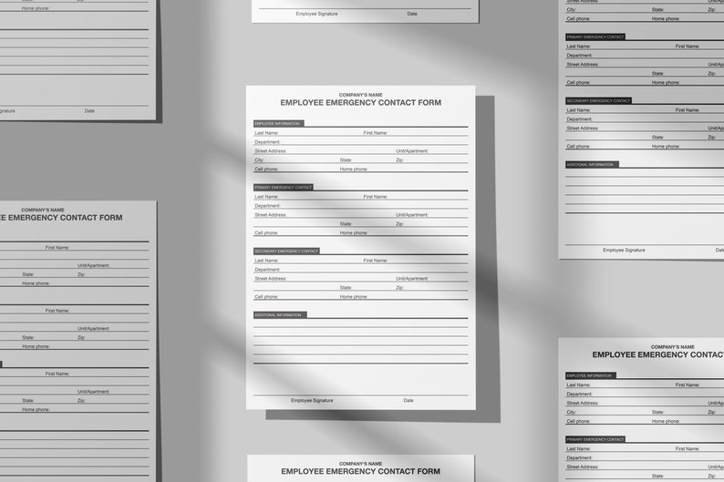 Pu&ograve; includere: Un modulo di contatto di emergenza per i dipendenti, stampabile in bianco e nero, con campi per le informazioni del dipendente, il contatto di emergenza principale e informazioni aggiuntive. Il modulo include campi per cognome, nome, reparto, indirizzo, citt&agrave;, stato, codice postale, telefono cellulare, telefono fisso e unit&agrave;/appartamento.