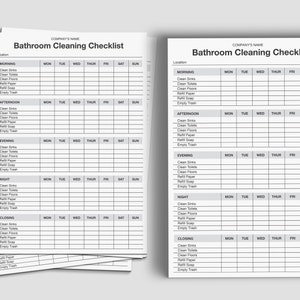 May include: A stack of white paper checklists titled "Bathroom Cleaning Checklist". Each checklist has sections for morning, afternoon, evening, night, and closing tasks, with columns for each day of the week. The checklists are designed to track cleaning tasks.
