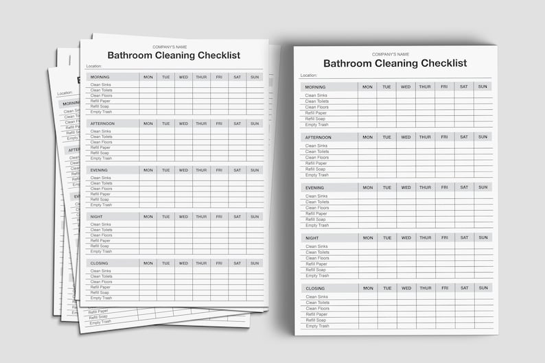 May include: A stack of white paper checklists titled "Bathroom Cleaning Checklist". Each checklist has sections for morning, afternoon, evening, night, and closing tasks, with columns for each day of the week. The checklists are designed to track cleaning tasks.