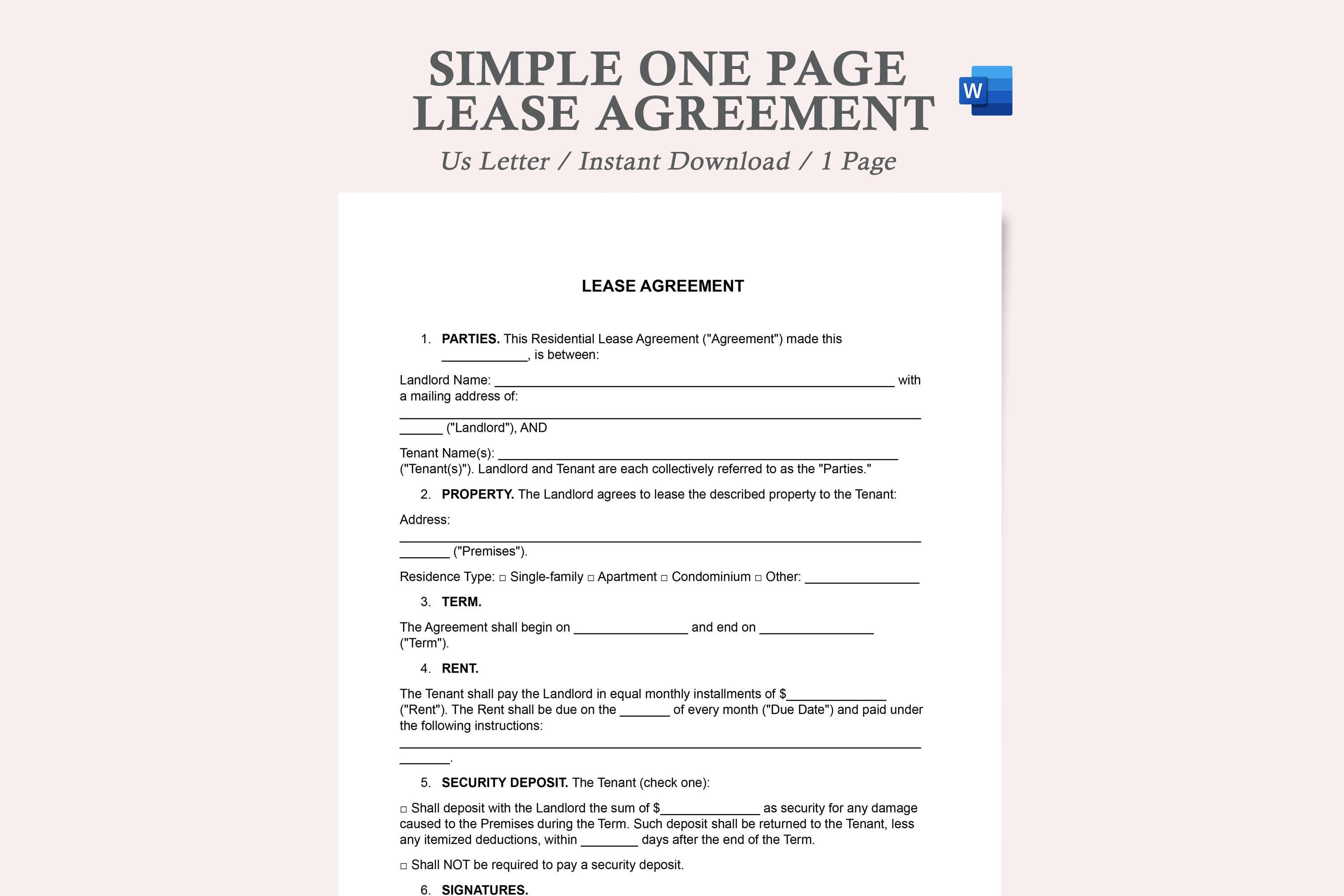 Simple One Page Lease Agreement lease Agreement Template lease Contract Simple One Page Lease Agreement lease Agreement Template lease Contract