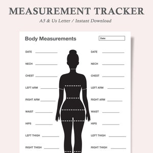 Könnte beinhalten: Ein druckbarer Körpermaß-Tracker mit einer Silhouette einer Person und Linien zum Aufzeichnen von Maßen in Zoll. Der Tracker enthält Messungen für Hals, Brust, linken Arm, rechten Arm, Taille, Hüfte, linken Oberschenkel und rechten Oberschenkel.