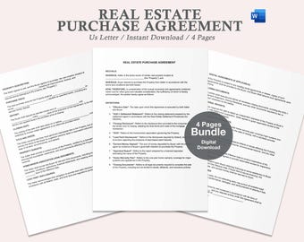 May include: A digital download bundle of a real estate purchase agreement document. The document is a four-page legal form for buying or selling property. The document is available in US Letter size.